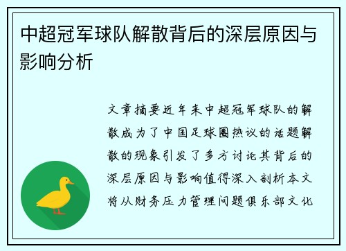 中超冠军球队解散背后的深层原因与影响分析